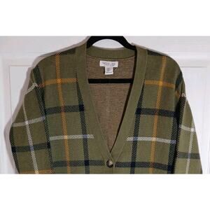 Rachel Zoe Cardigan Small Academia Olive Green Plaid Sweater Preppy University